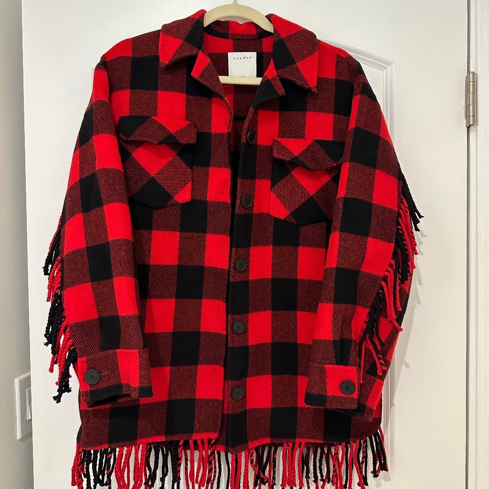 Sandro coat red plaid with fringe - like new !